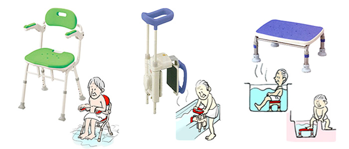 シャワーチェア、浴槽用の取付手すり、浴槽台など